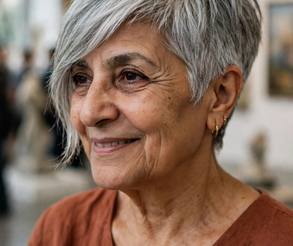 Asymmetrical silver pixie with a longer sweeping fringe on one side on a striking 65-year-old Middle Eastern woman in a rust dress, art gallery