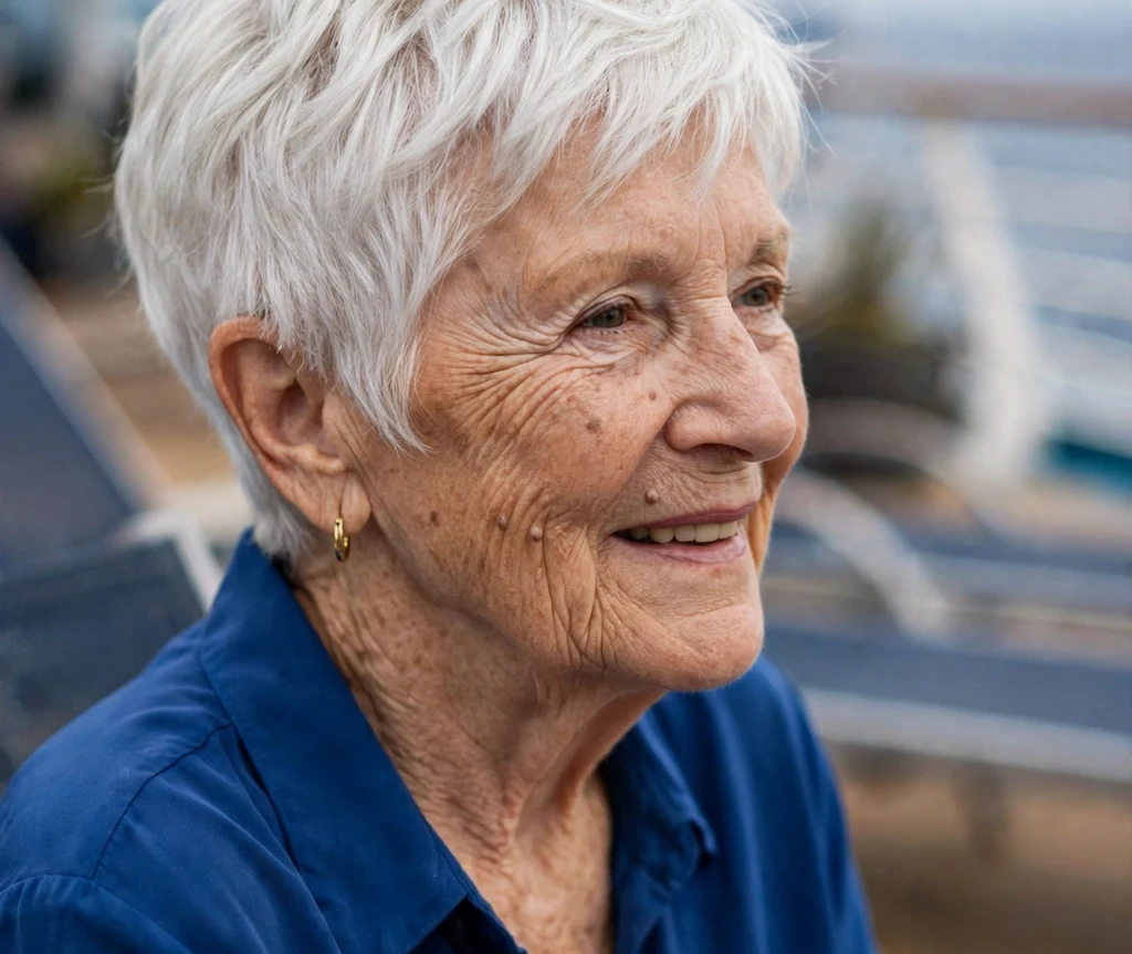 Full gleaming white pixie with soft layers and shine on an elegant 70-year-old Caucasian woman in a sapphire blouse, cruise ship deck
