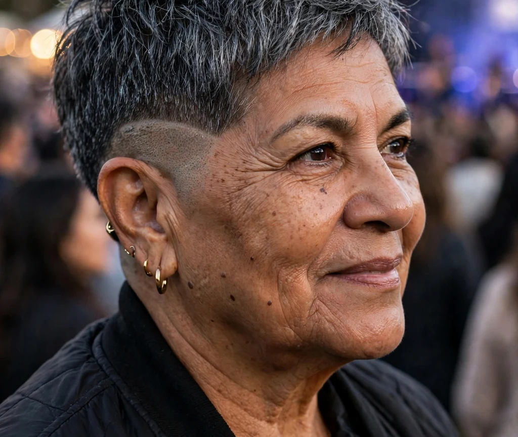 Pixie with a shaved nape and dark silver textured top on a bold 62-year-old Latina woman in a black jacket, outdoor concert
