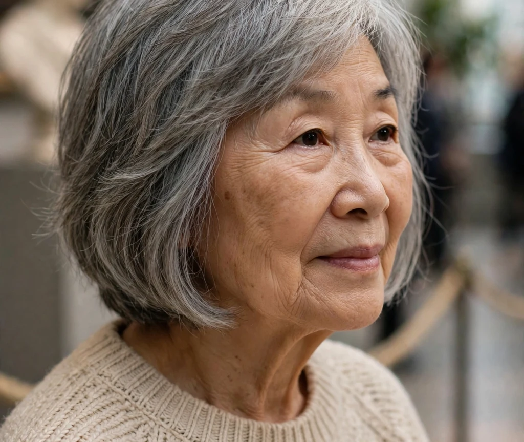 Chin-skimming long pixie bob with soft gray layers on a refined 66-year-old East Asian woman in a beige knit sweater, museum