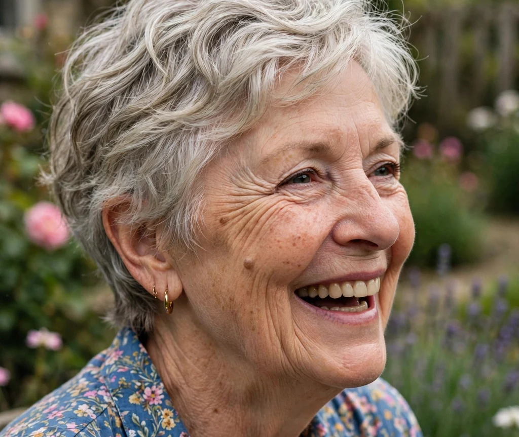 Wavy silver-blonde pixie with natural movement on a lively 63-year-old Caucasian woman in a floral blouse, cottage garden