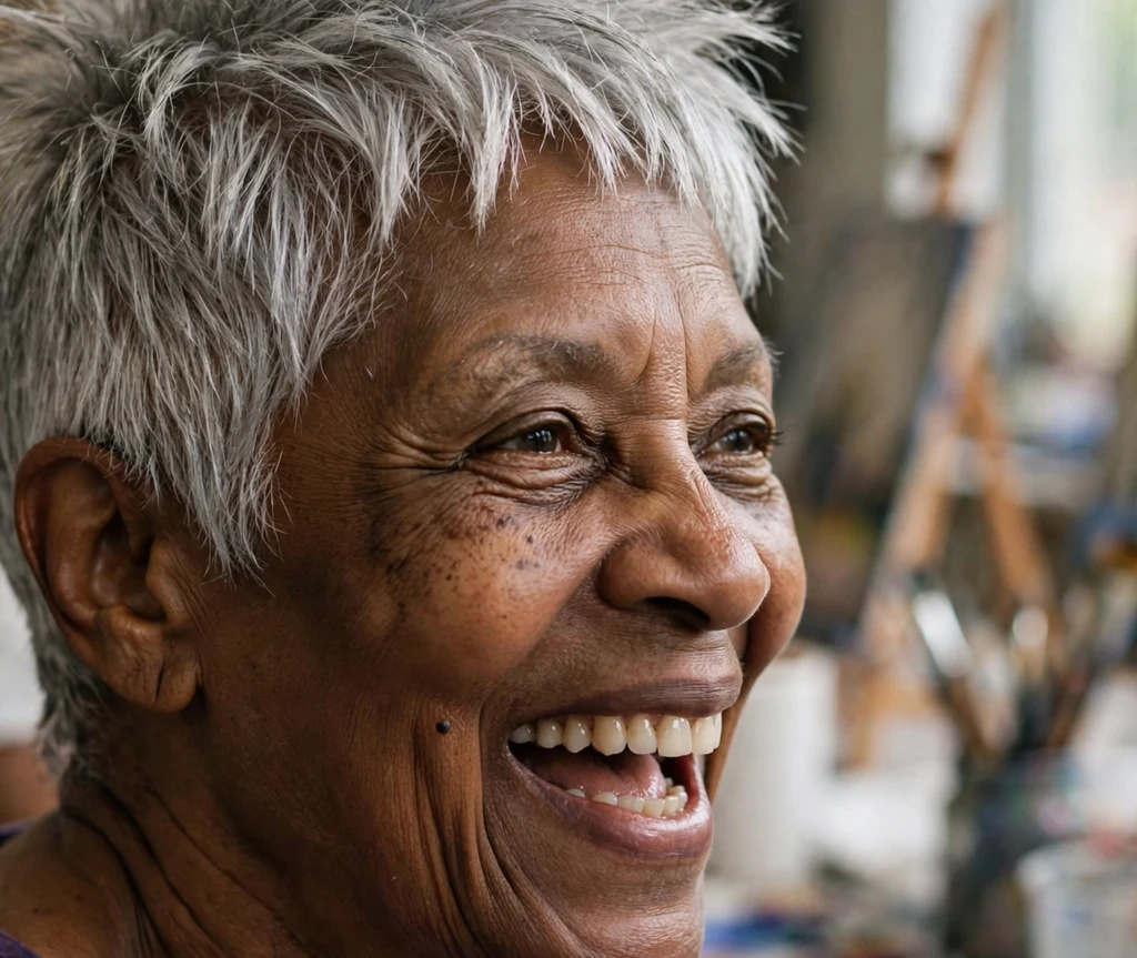 Spiky silver pixie with height and defined texture on an energetic 67-year-old Black woman in a purple top, art class