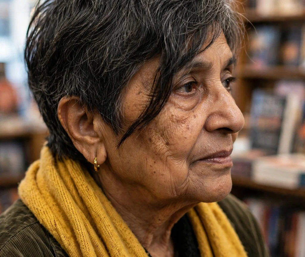 Pixie with a long sweeping fringe in dark gray on a poised 64-year-old South Asian woman with a mustard scarf, bookstore