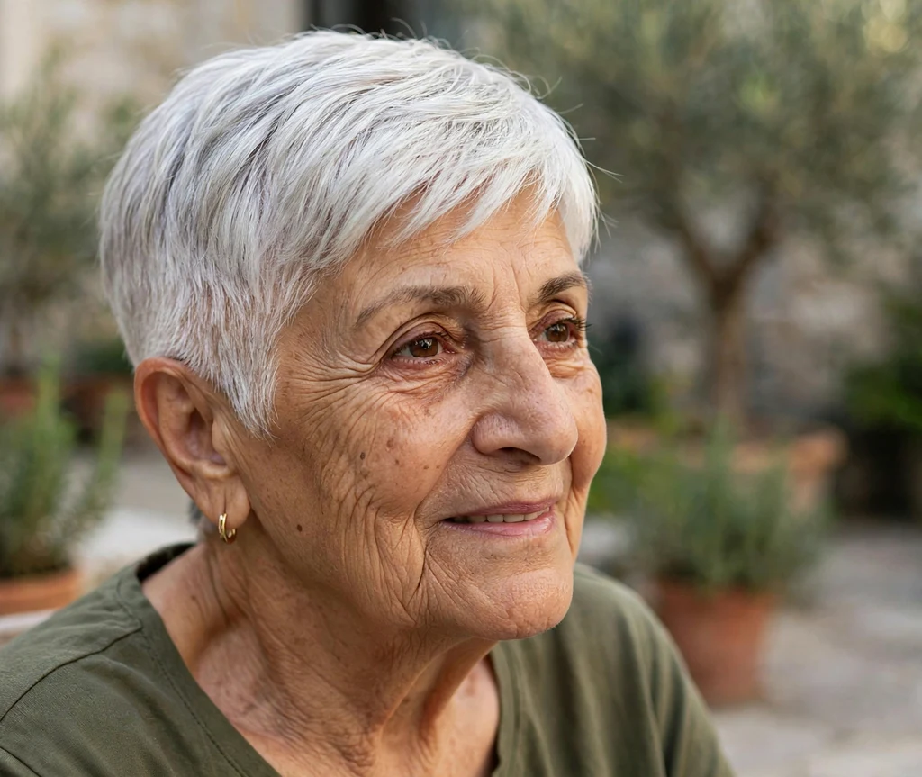 Tapered fade pixie in white-silver on a sophisticated 69-year-old Middle Eastern woman in an olive top, courtyard