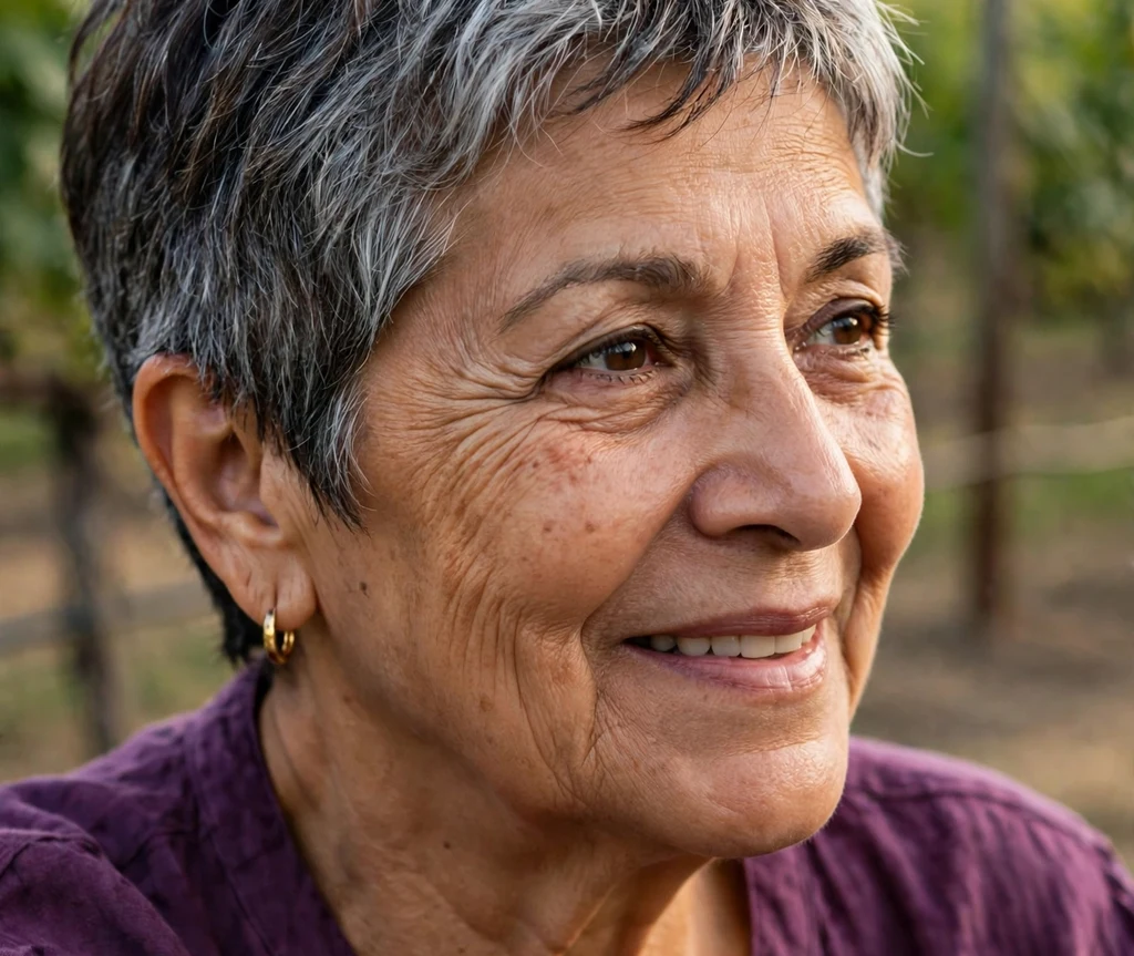 Salt-and-pepper pixie with a seamless gray and dark blend on a natural 65-year-old Latina woman in a plum blouse, vineyard