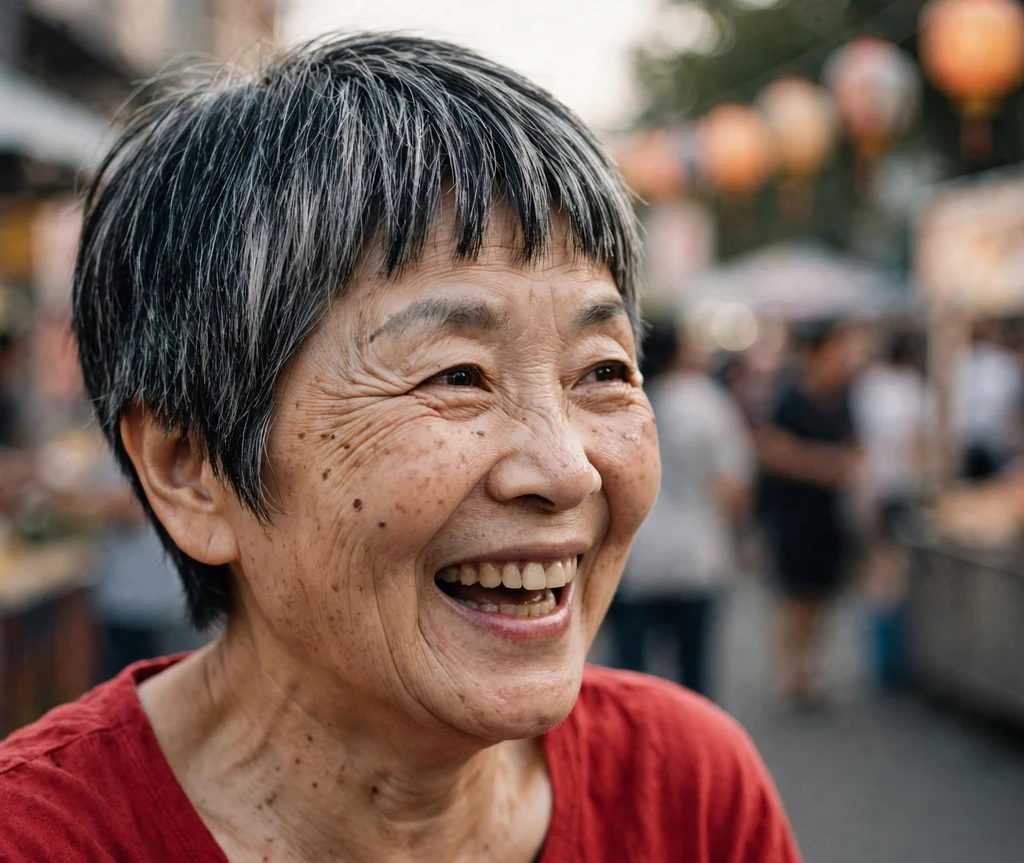 Pixie with short straight baby bangs in silver-black hair on a playful 60-year-old East Asian woman in a red top, street festival