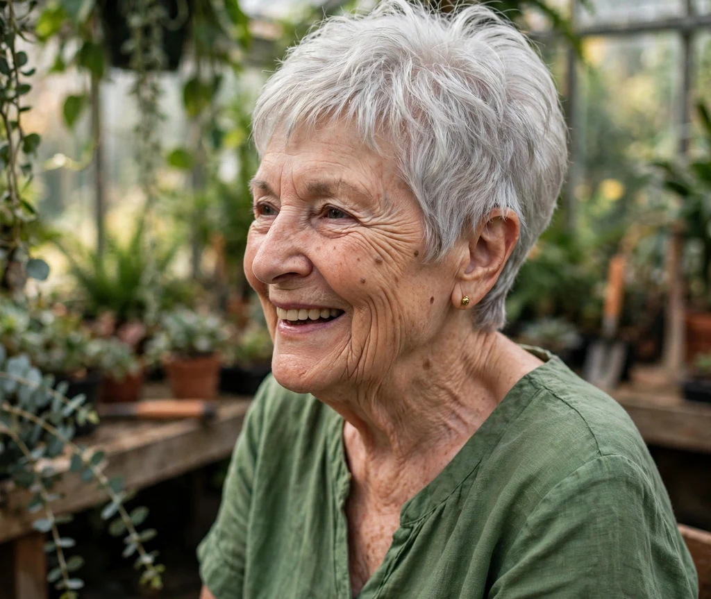 Rounded silver pixie with full crown volume on a classic 66-year-old Caucasian woman in a green dress, greenhouse