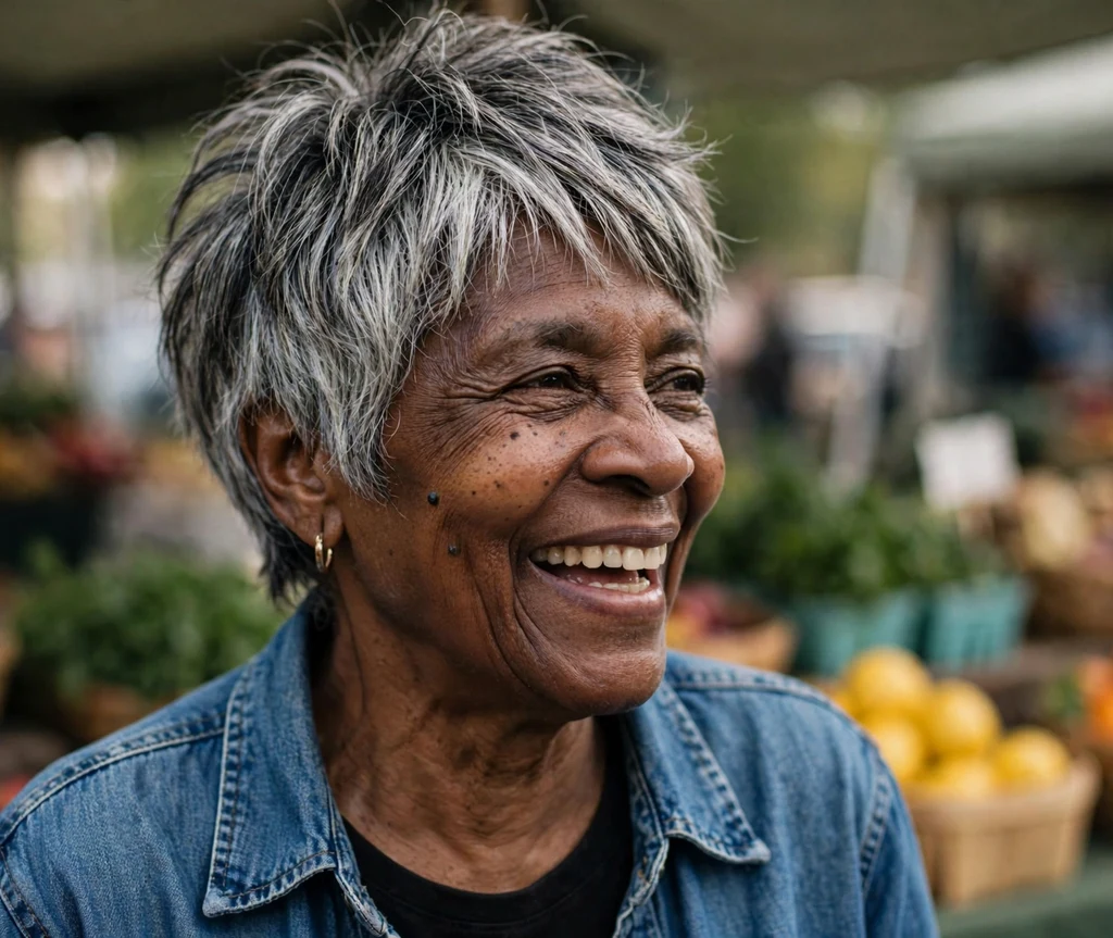 Choppy layered pixie, silver hair with dark roots, on a spirited 63-year-old Black woman in a denim shirt, outdoor market