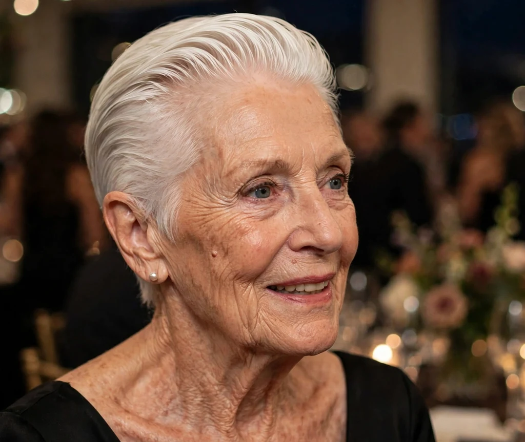 Elegant slicked-back white pixie with a polished finish on a glamorous 71-year-old Caucasian woman in a black dress, gala evening