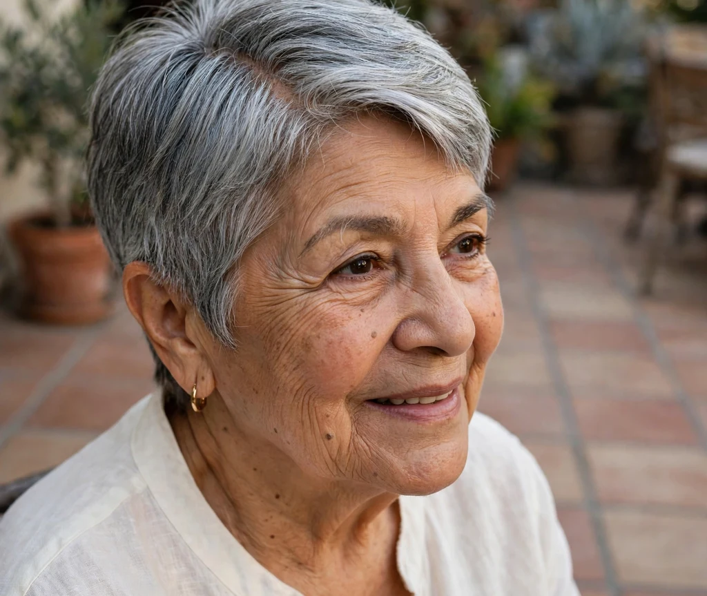 Steel gray pixie with a deep side part on a classic 64-year-old Latina woman in an ivory top, tiled patio