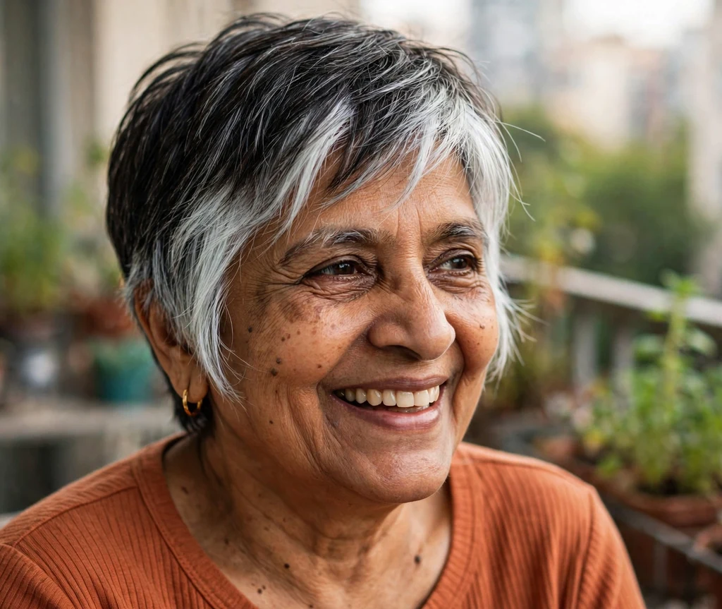 Pixie with bright face-framing silver highlights on a radiant 62-year-old South Asian woman in a terracotta top, balcony