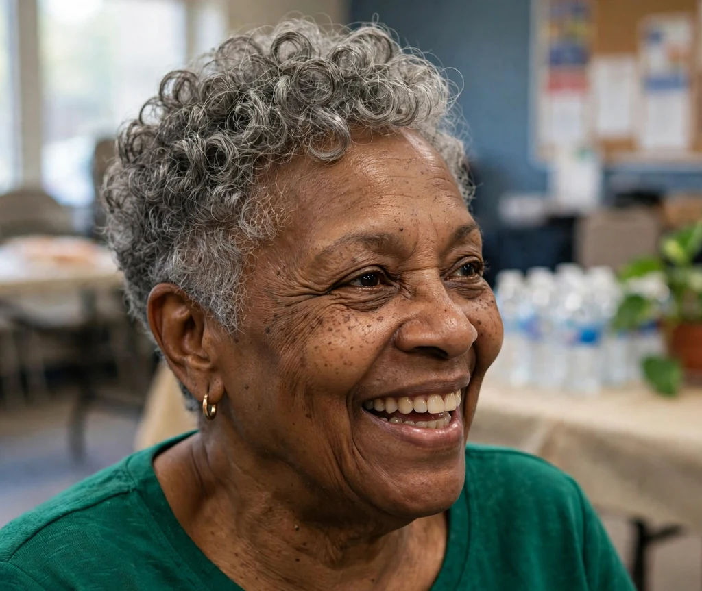 Curly tapered gray pixie with defined coils on a vibrant 67-year-old Black woman in an emerald top, community center
