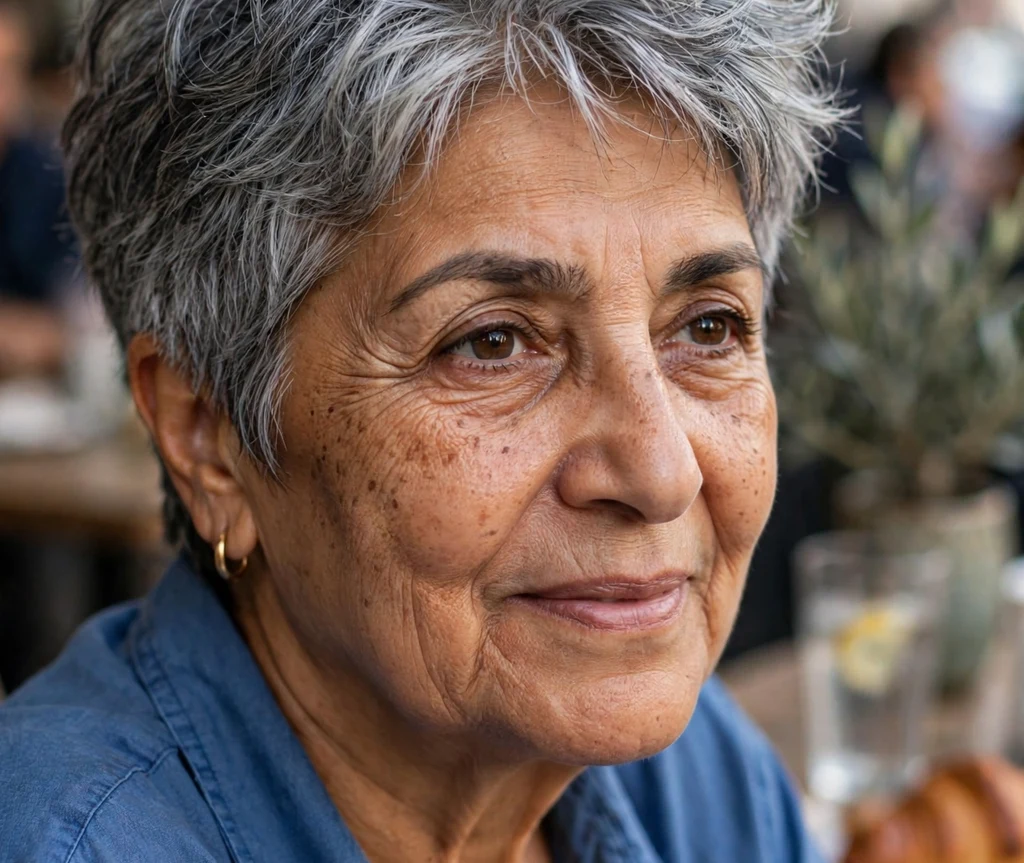 Pixie with a tousled textured top in dark silver on a chic 65-year-old Middle Eastern woman in a blue shirt, café