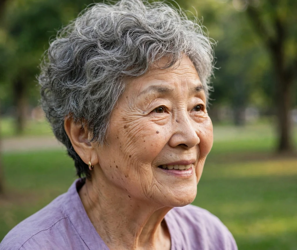 Short pixie with soft gray curls on a sweet 68-year-old East Asian woman in a lavender top, park