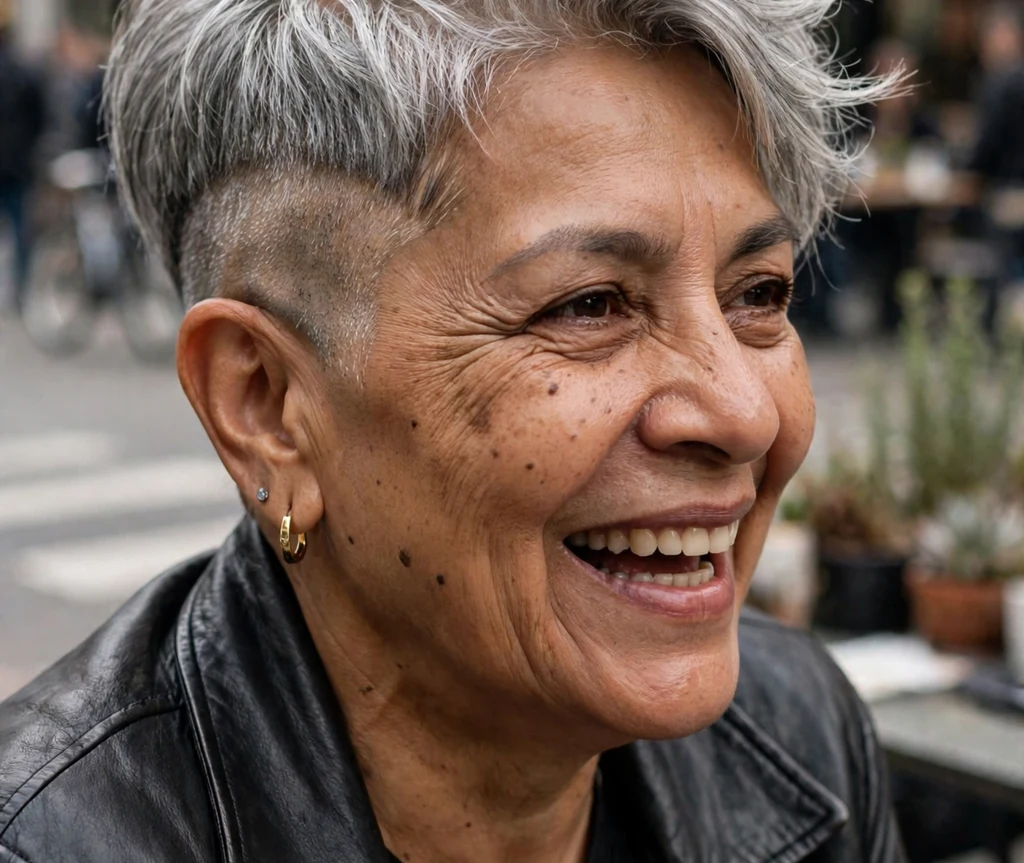 Edgy pixie with one shaved side and a silver swept top on a fearless 61-year-old Latina woman in a leather jacket, city street