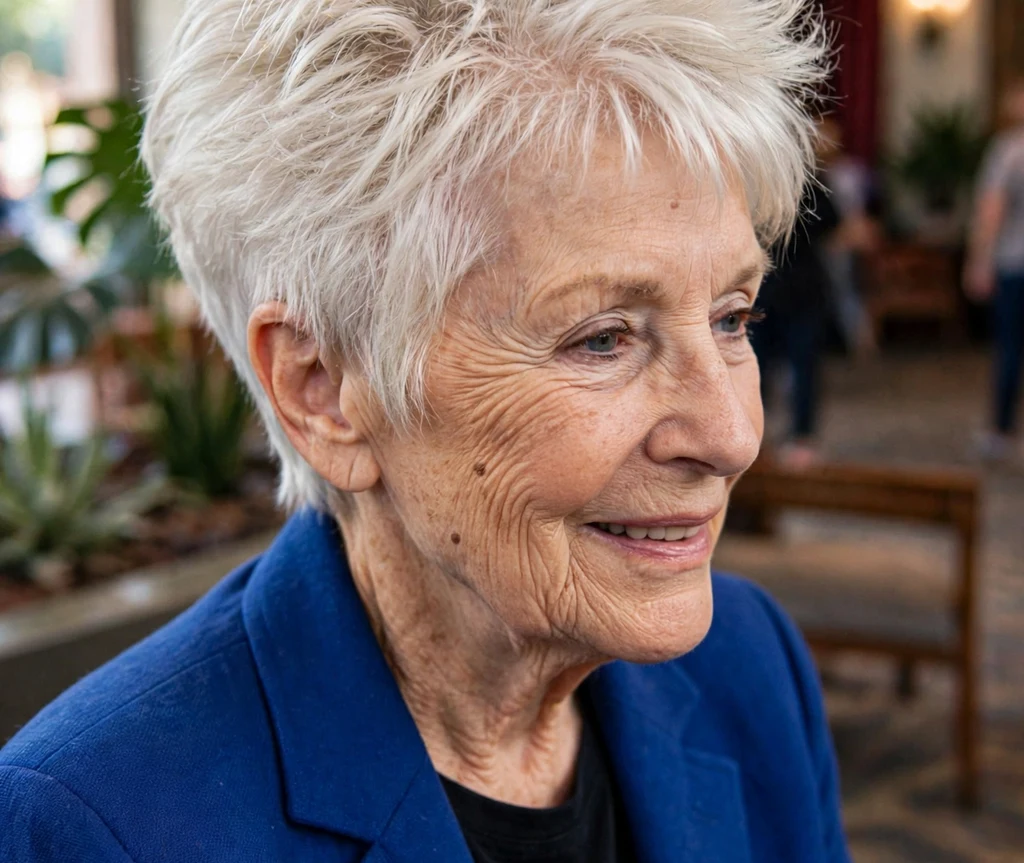 Pixie with dramatic crown volume in white-blonde on a powerful 66-year-old Caucasian woman in a cobalt blazer, theater lobby