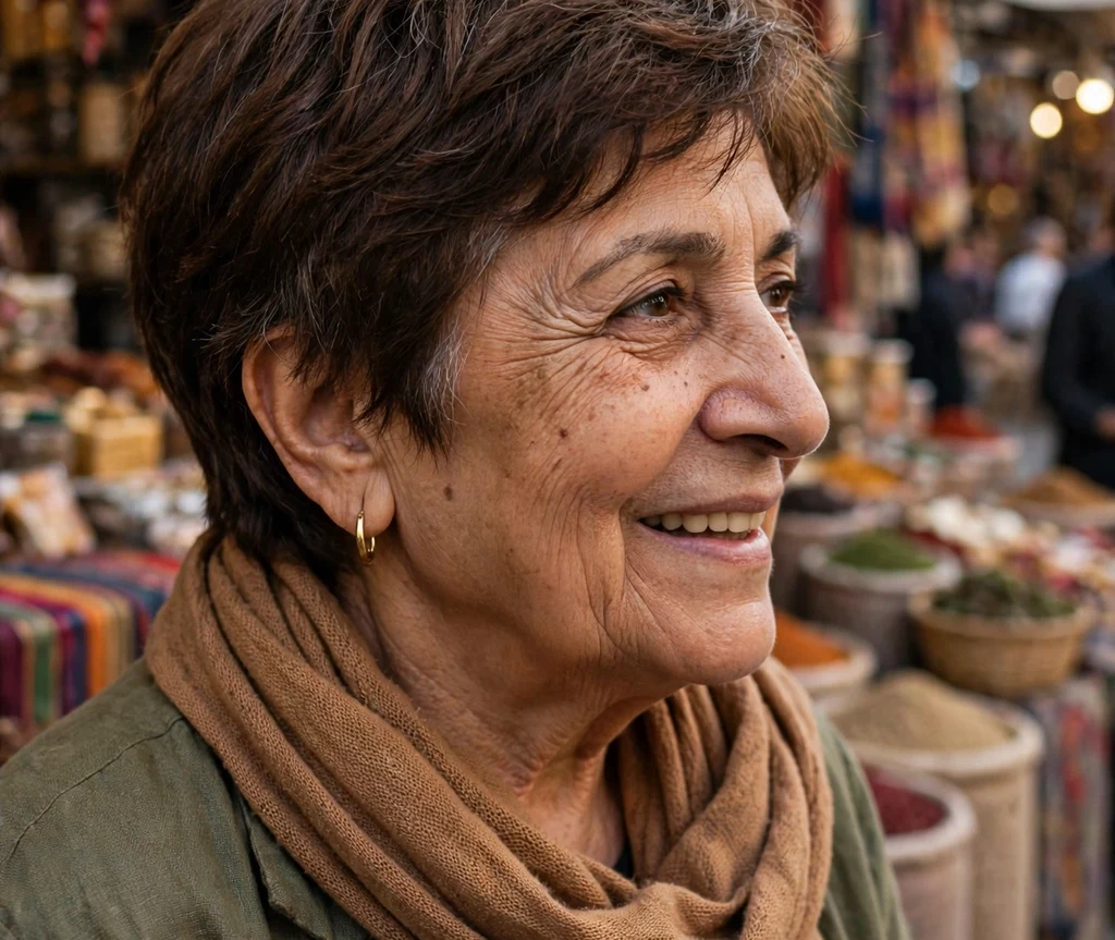 Rich warm-brunette pixie with soft layers on a warm 64-year-old Middle Eastern woman with a caramel scarf, bazaar