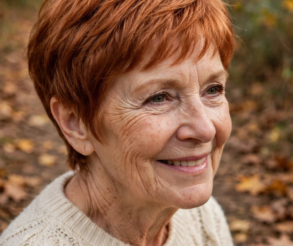 Copper-red pixie with shine and soft layers on a glowing 62-year-old Caucasian woman in a cream sweater, autumn trail