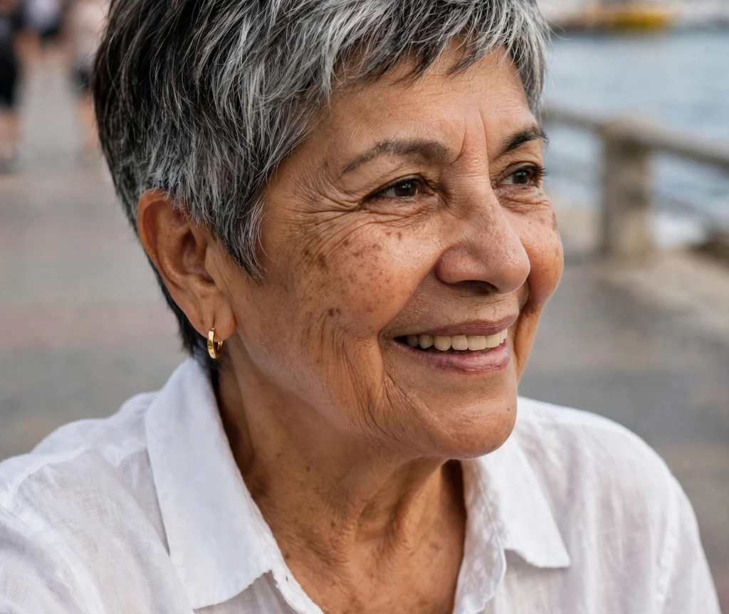 Pixie with expertly blended silver and dark tones on a graceful 70-year-old Latina woman in a white linen top, seaside promenade