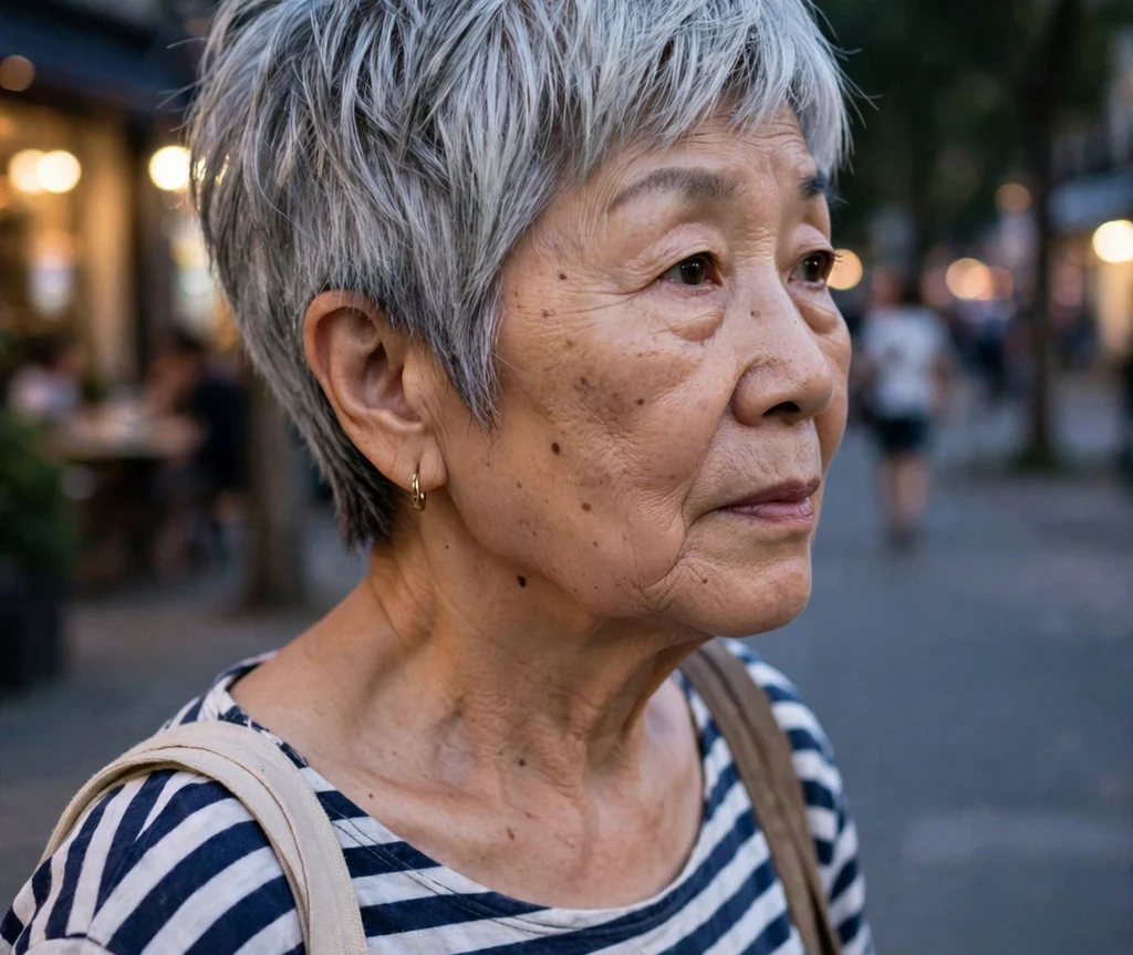 Piece-y silver pixie with defined separated sections on a modern 63-year-old East Asian woman in a striped top, evening stroll