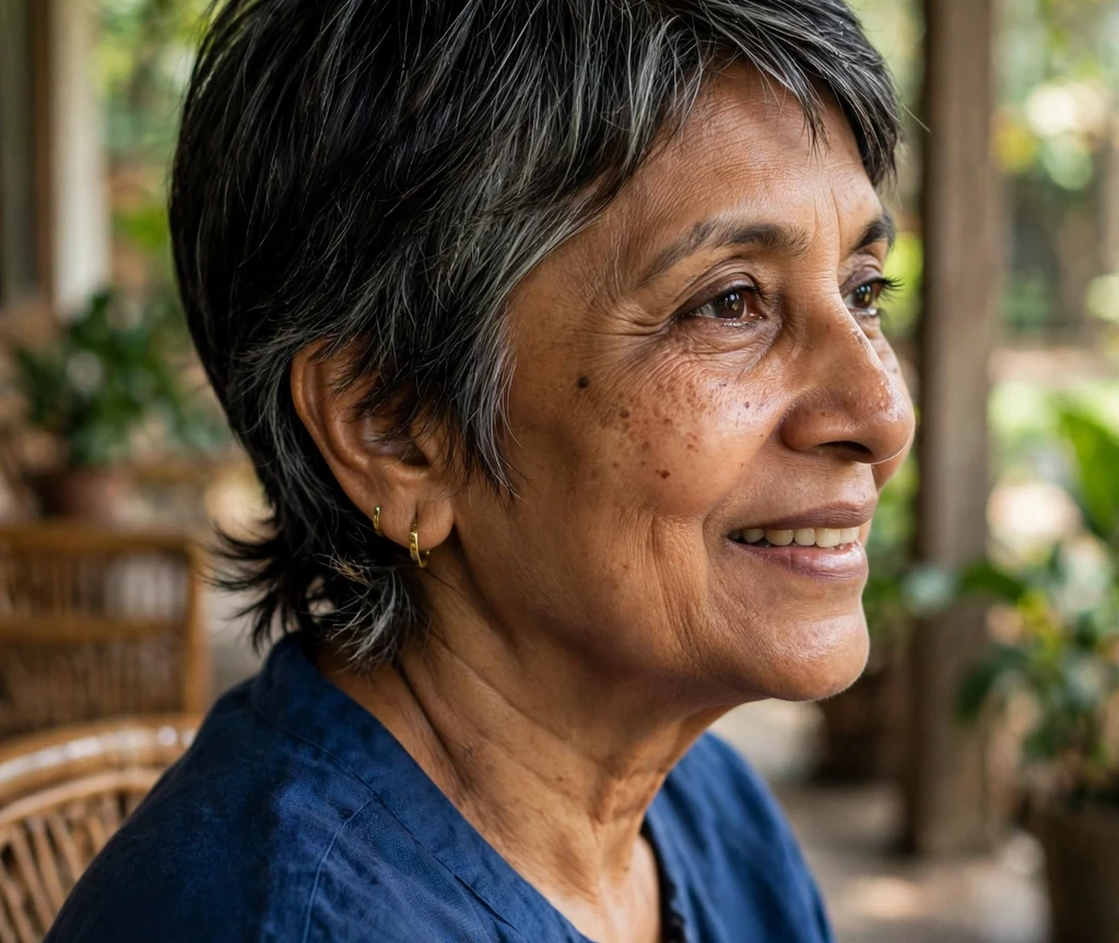 Pixie with a soft feathered nape, silver-streaked dark hair, on an elegant 67-year-old South Asian woman in a sapphire top, shaded veranda