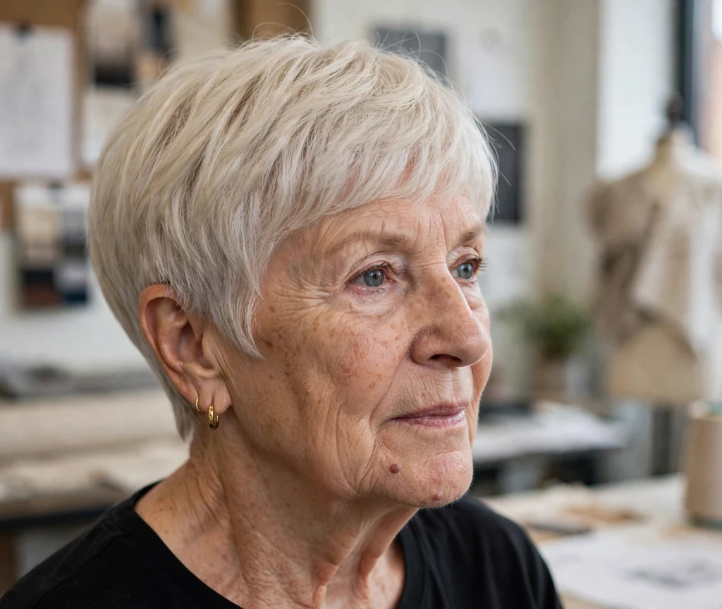 Modern rounded platinum pixie on a fashion-forward 64-year-old Caucasian woman in a black top, design studio