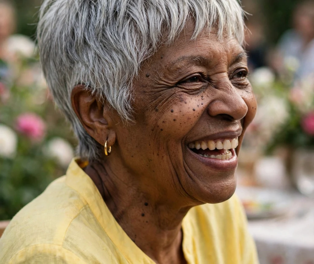 Pixie with a choppy fringe in natural silver hair on a fun 65-year-old Black woman in a yellow top, garden party