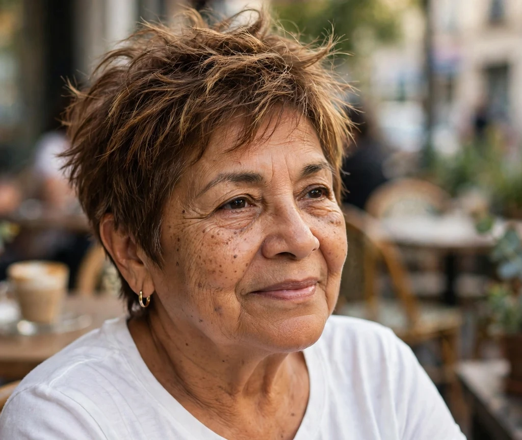 Messy bedhead pixie, brown hair with sun-kissed ends, on a relaxed 62-year-old Latina woman in a white tee, café patio