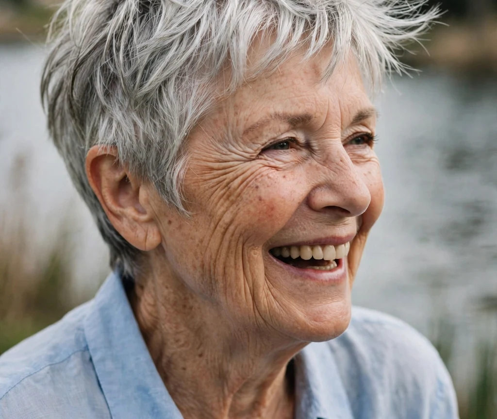 Windswept silver pixie with hair lifting in the breeze on a carefree 66-year-old Caucasian woman in a light blue blouse, lakeside