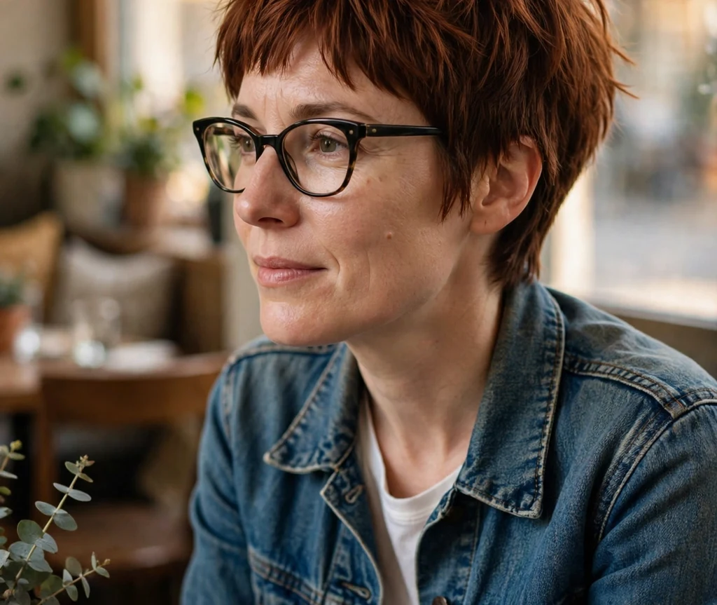 Classic tapered pixie haircut on a Black woman in her late 20s with bold black rectangular eyeglasses, platinum blonde textured top and closely tapered sides, camel wool coat, city sidewalk