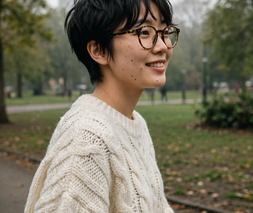Sleek silver pixie haircut on a Latina woman in her 40s wearing thin round wire-frame eyeglasses, smoothly tucked behind the ears, navy tailored blazer, bright office corridor