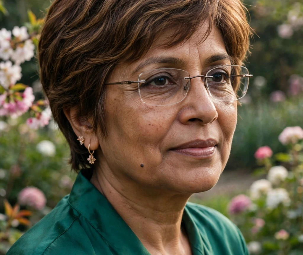 Textured black pixie haircut with long soft bangs on an East Asian woman in her 20s wearing tortoiseshell round eyeglasses, oversized cream knit sweater, green city park