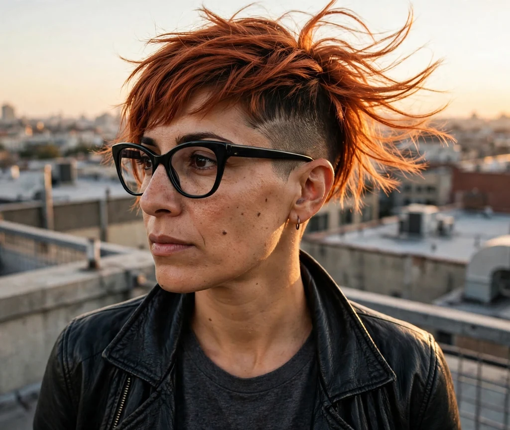 Soft layered brown pixie haircut with caramel highlights on a South Asian woman in her 50s wearing rimless eyeglasses, gently rounded silhouette, emerald silk blouse, blooming garden