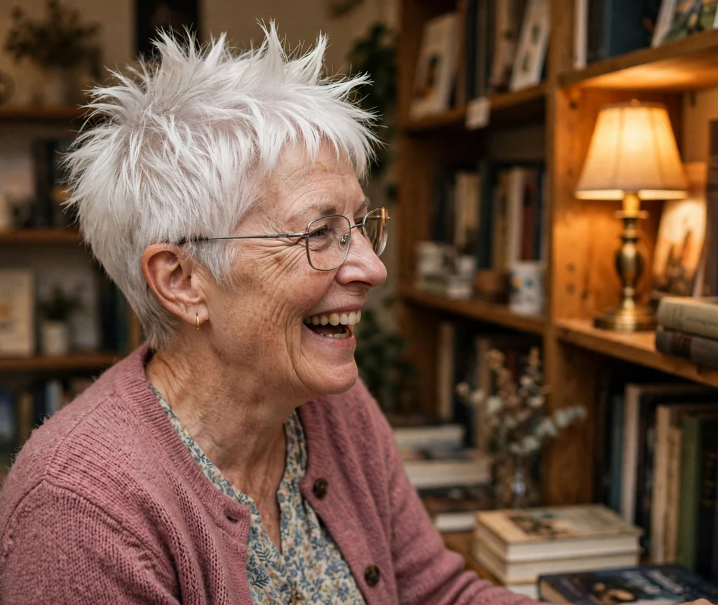 Undercut pixie haircut with clipped sides and long tousled copper-red top on a Middle Eastern woman in her 30s wearing bold black cat-eye eyeglasses, black leather jacket, city rooftop at golden hour