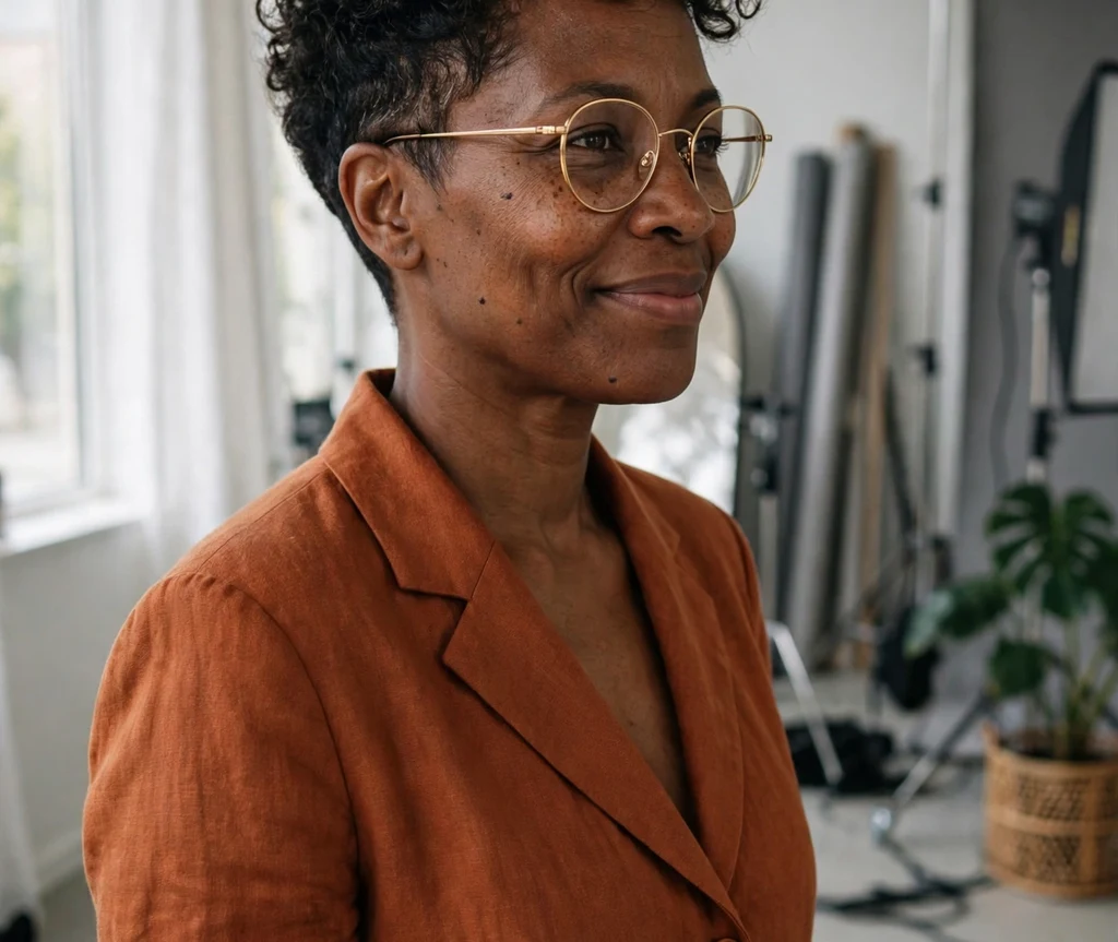 Spiky white pixie haircut on a Caucasian woman in her 60s wearing thin silver wire rectangular eyeglasses, playful textured spikes on top, dusty-rose cardigan, cozy bookshop
