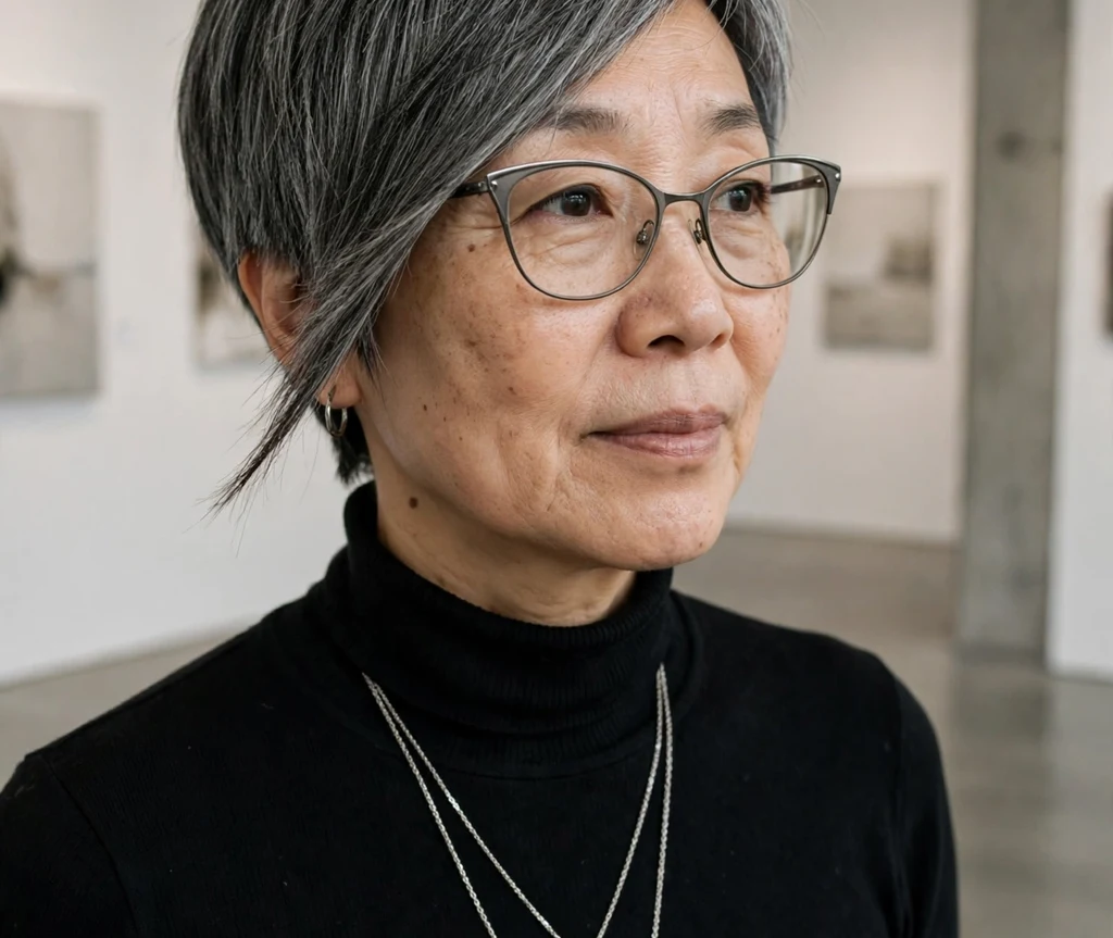 Platinum blonde pixie haircut with dramatic deep side sweep on a Latina woman in her 20s wearing oversized black square eyeglasses, white crop top and high-waist jeans, busy downtown street