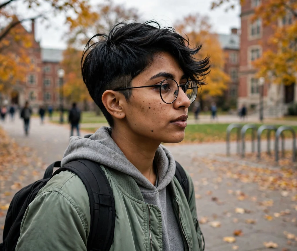 Feathered silver pixie haircut with soft wispy layers on a South Asian woman in her 60s wearing slim half-rim eyeglasses, pearl necklace, bright conservatory
