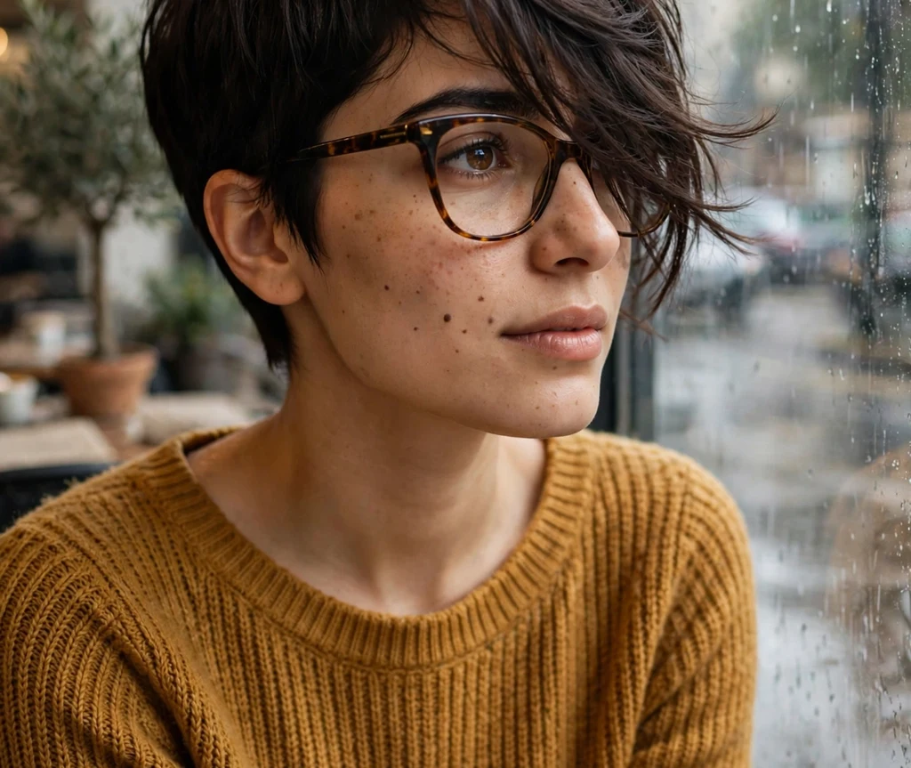 Pixie haircut with long side-swept fringe on a Middle Eastern woman in her 40s wearing round gold-rimmed eyeglasses, burgundy silk blouse, elegant restaurant