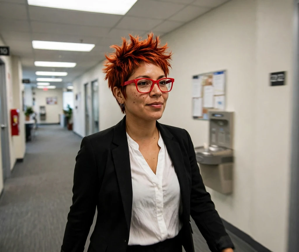 Very short buzzed pixie haircut on a Black woman in her 30s wearing oversized bold red eyeglasses, confident smile, bright yellow blazer, art museum