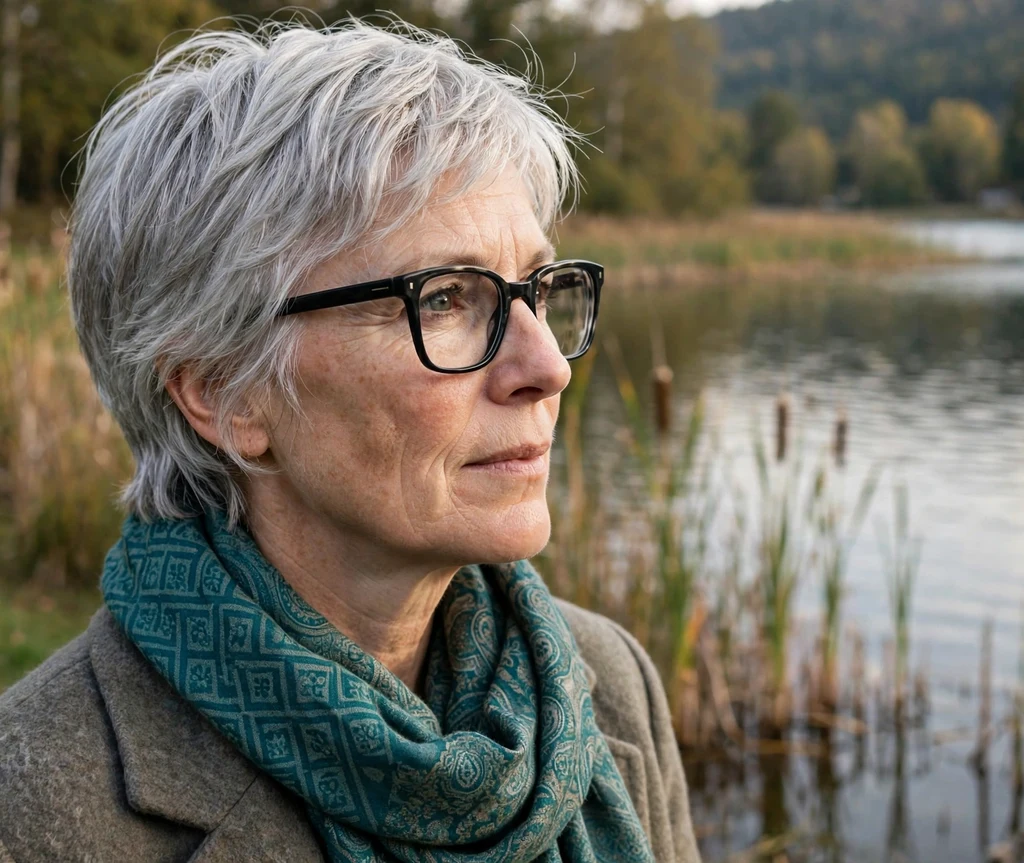 Wavy gray pixie haircut with soft natural waves on a Caucasian woman in her 50s wearing thin oval wire eyeglasses, soft blue knit sweater, lakeside cabin porch