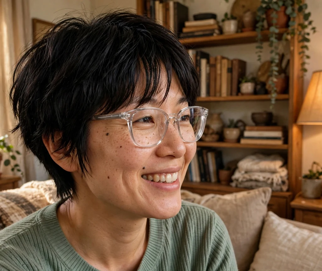 Sleek black pixie haircut with glossy finish on an East Asian woman in her 20s wearing bold white rectangular eyeglasses, black turtleneck, modern city loft