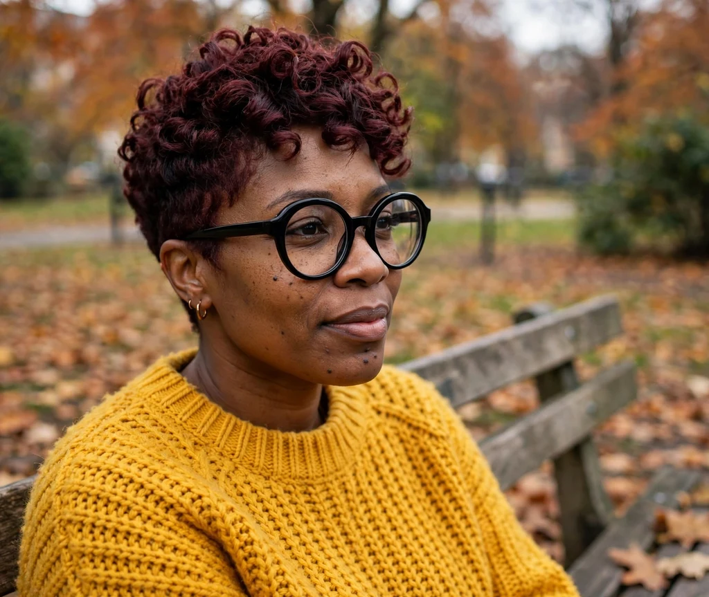 Textured copper-red pixie haircut with piecey layers on a Latina woman in her late 20s wearing round tortoiseshell eyeglasses, rust-colored knit top, autumn street