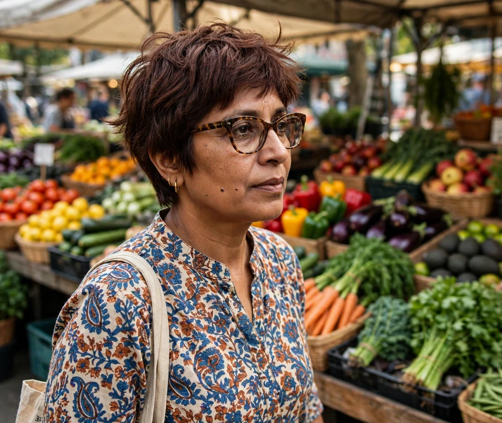 Short curly pixie haircut with tight defined curls on a Black woman in her 20s wearing black cat-eye eyeglasses, mustard yellow top, vibrant street mural