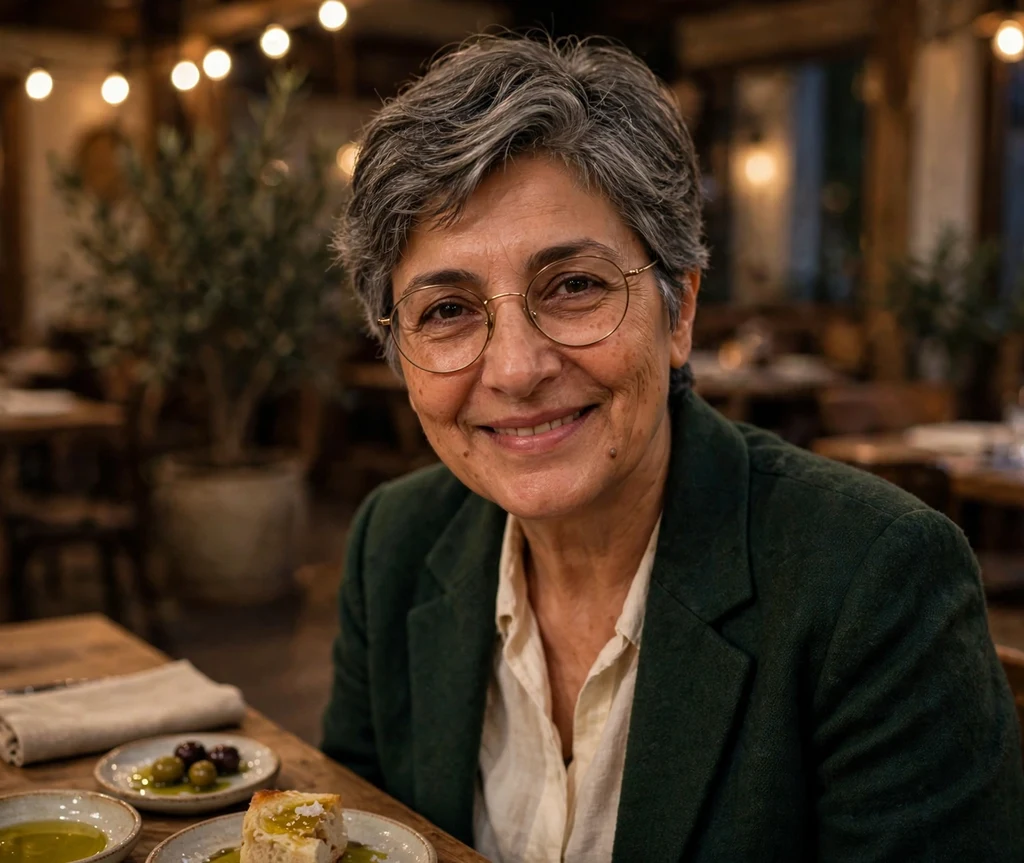 Mahogany-brown textured pixie haircut with choppy feathered edges on a South Asian woman in her 40s wearing tortoiseshell cat-eye eyeglasses, printed kurta-style top, vibrant farmers market