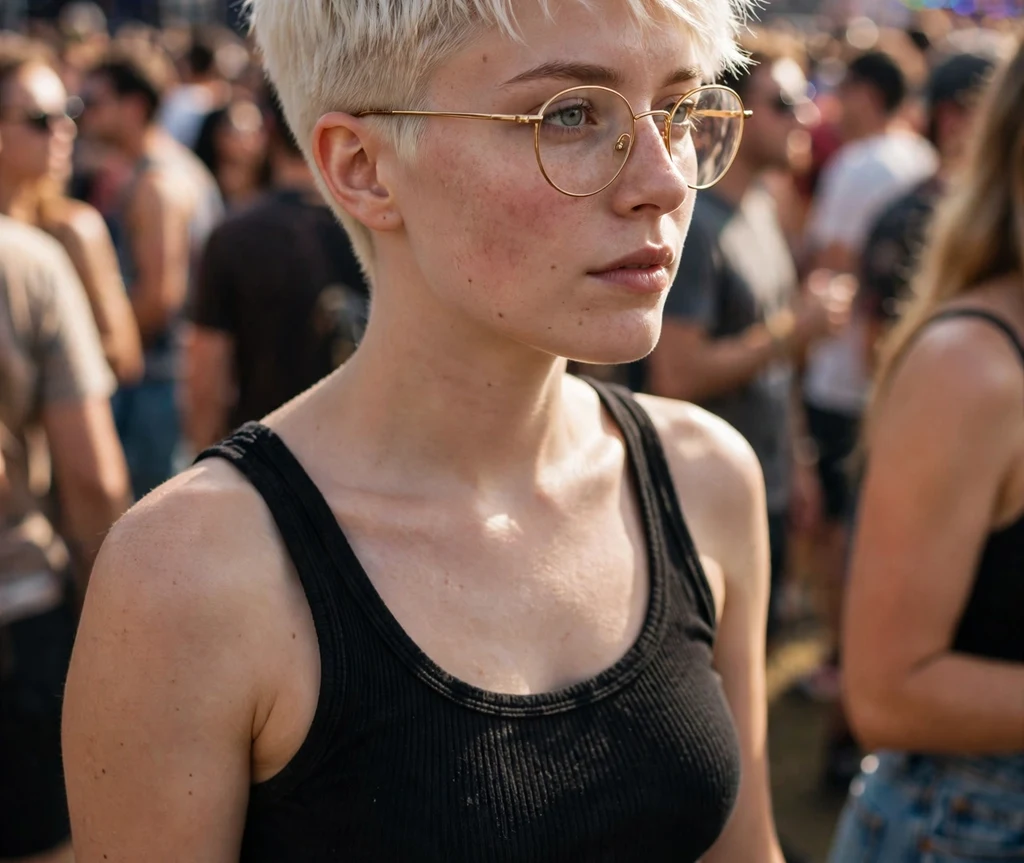 Salt-and-pepper pixie haircut with tousled layers and side part on a Middle Eastern woman in her 50s wearing thin round wire eyeglasses, dark green blazer over cream blouse, cozy restaurant