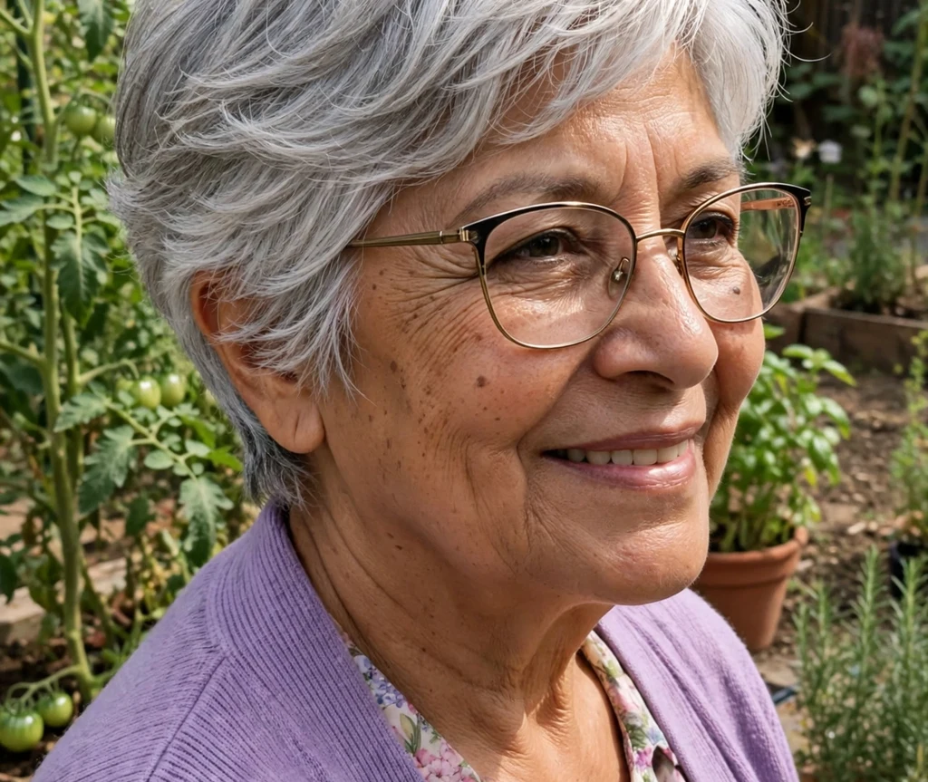 Bleached platinum pixie haircut with closely buzzed sides on a Caucasian woman in her 20s wearing thin gold round eyeglasses, black ribbed tank top and denim shorts, sunny outdoor music festival