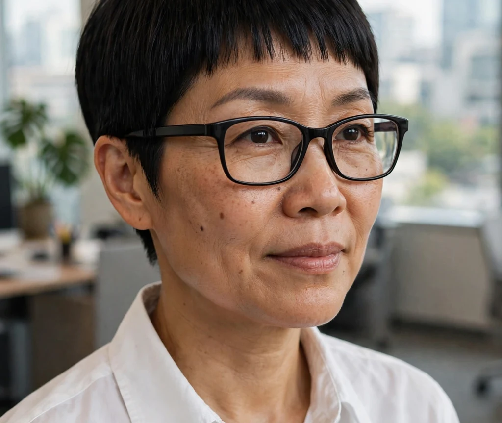 Warm auburn tapered pixie haircut with sleek smooth top on a Black woman in her 50s wearing bold patterned tortoiseshell eyeglasses, camel trench coat, rainy city street