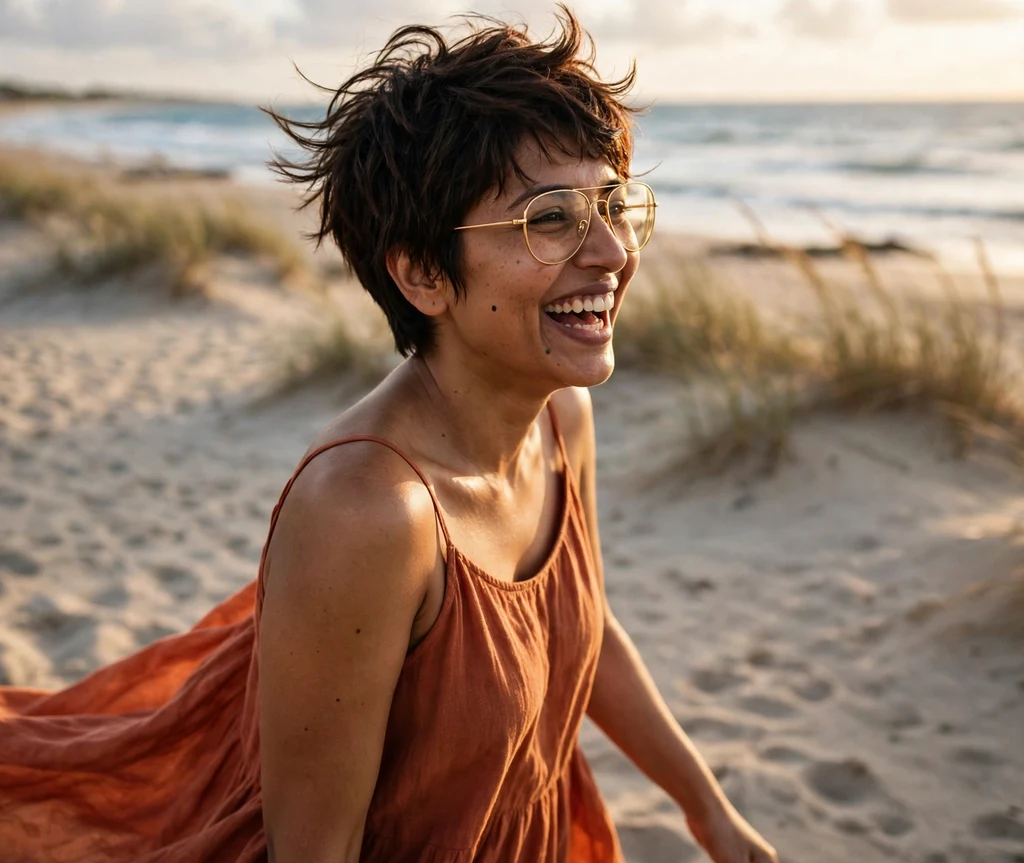 Sleek straight-bang pixie haircut with precision-cut dark hair on an East Asian woman in her 40s wearing black rectangular eyeglasses, crisp white button-down shirt, bright corporate office
