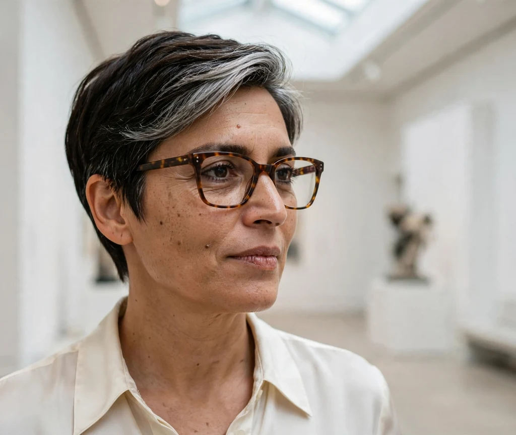 Textured chocolate-brown pixie haircut with tousled piecey layers on a South Asian woman in her 30s wearing gold aviator-style eyeglasses, flowing terracotta sundress, sandy beach at late afternoon