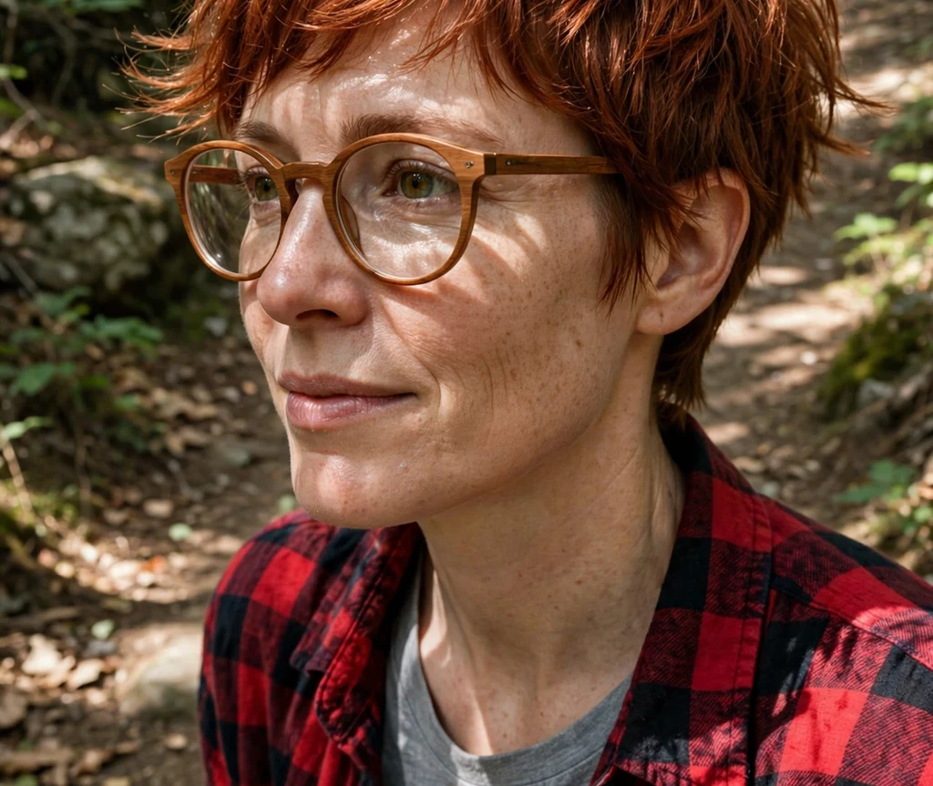 Dark espresso pixie haircut with striking silver-gray streak through the front fringe on a Middle Eastern woman in her 40s wearing tortoiseshell square eyeglasses, ivory silk blouse, bright museum gallery